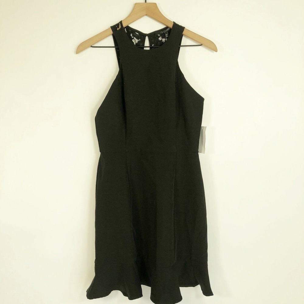 19 Cooper Ruffle Sleeveless Halter Dress Womens XS Black‎ Lace Trim Cocktail NEW